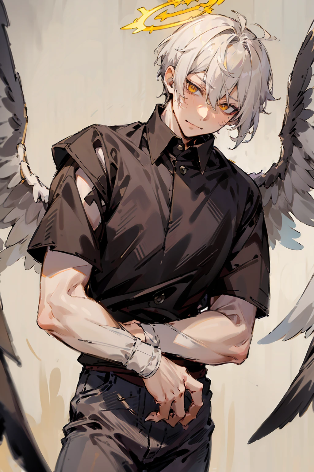 1male, Adult, Two Tone Hair, Yellow and White Hair, Short Hair, Undercut Hair, Black and White Horns, Angel Halo, Black Wings, Golden Eyes, Smirk, Black and White Flannel Shirt, Black Ripped Jeans