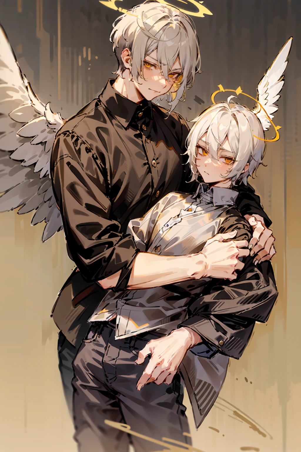 1male, Adult, Two Tone Hair, Yellow and White Hair, Short Hair, Undercut Hair, Black and White Horns, Angel Halo, Black Wings, Golden Eyes, Smirk, Black and White Flannel Shirt, Black Ripped Jeans