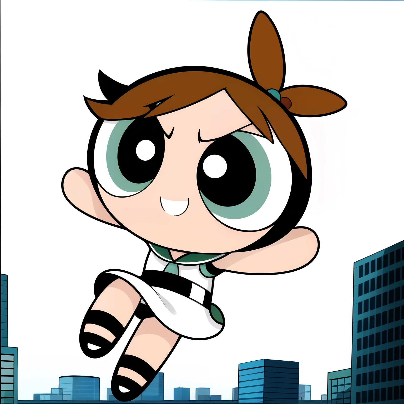 ((cute smile)), full body, 1girl , chibi, hair ornament, ((brown short hair)), mint colored eyes, white Sailor Dress, city background,