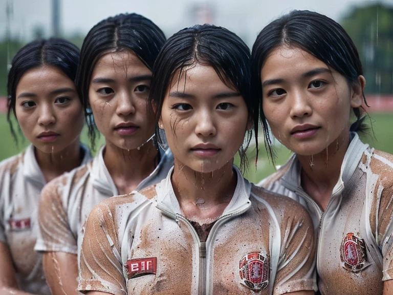 (A plain white short sleeved dirt stained field hockey uniform with a very tight white half zip:1.7)、(A large, dirt-stained, white, square collar: 1.6)、(Red clay ground:1.5)、My hair is wet and messy、(Beautiful Japanese woman covered in dirt:2.1)、Highest quality, masterpiece, Ultra-high resolution, Photorealistic, Raw Photos,Detailed face,(All women with muscular arms:2.0), (Fastener open: 1.8), (Upper body zoom up:1.0),(Everyone wears the same clothes:1.0), All members are super beauties, (Three beautiful Japanese women standing in a row facing the camera: 1.5), (Hair tied up: 1.4), (Exhausted expression: 2.0), Bright photo, (My whole body is drenched in rain: 1.8)