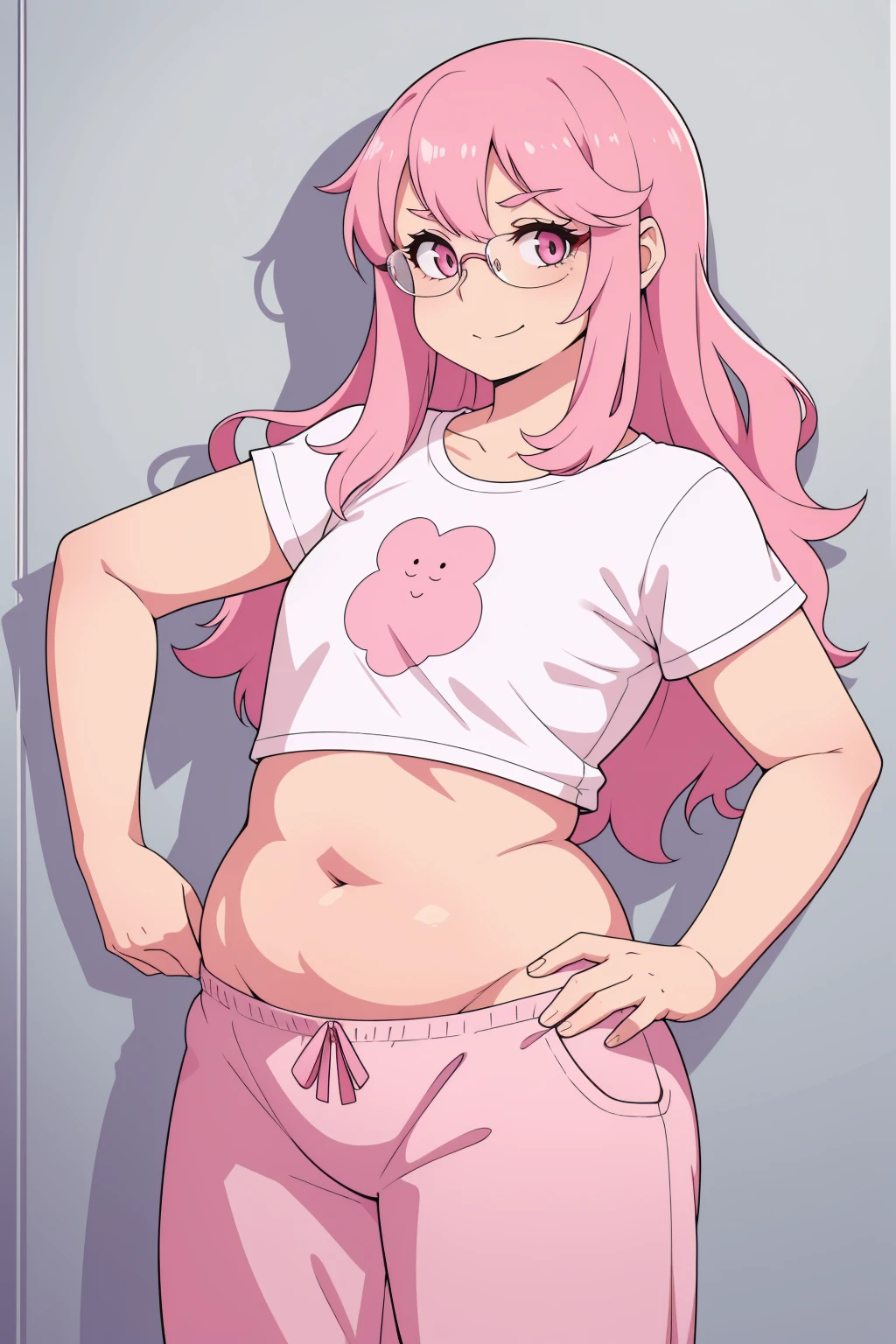 Flat chest, very small solo, 1girl, glasses, long fluffy pink hair, skinny, white t-shirt, pink fluffy sweatpants, slight smile, crop top, pajamas, navel exposed, pajama pants, half lid eyes, seductive