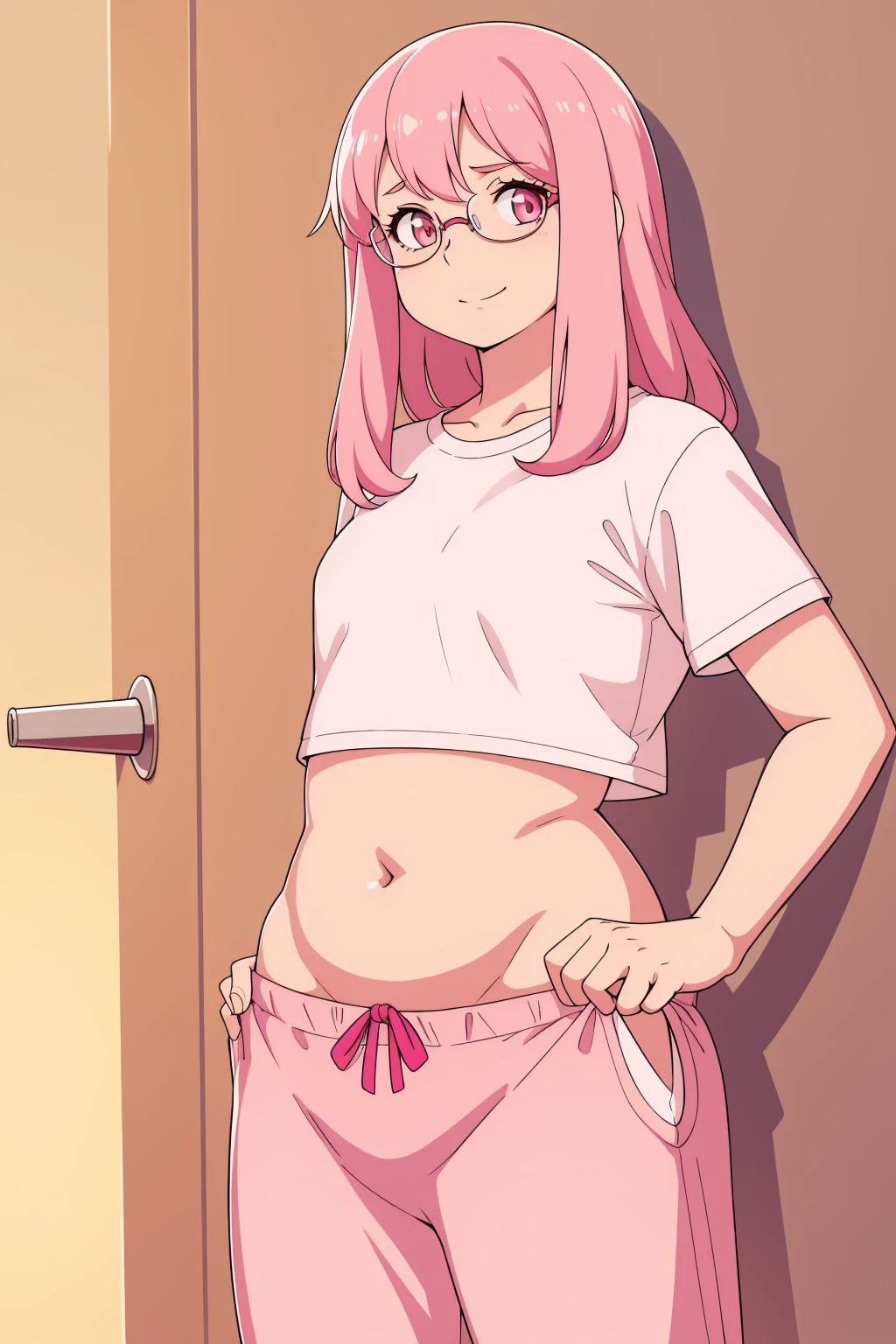 Flat chest, very small solo, 1girl, glasses, long fluffy pink hair, skinny, white t-shirt, pink fluffy sweatpants, slight smile, crop top, pajamas, navel exposed, pajama pants, half lid eyes, seductive