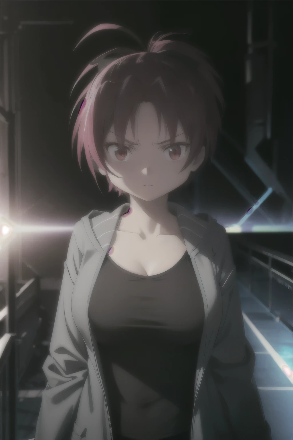 1woman, short red hair, red eyes, serious expression, tomboy, big breasts, athletic, wearing black sci fi coat, tank top, isolated on completely pitch black background, absurdres, high res, ultrasharp, 8K, masterpiece, looking at viewer, HDR, sci-fi, professional, vivid colors, sharp focus, studio lighting, absurdres, bokeh, static