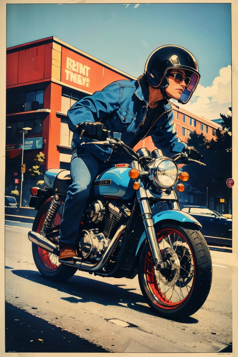 Masterpiece, Top Quality, Best Quality, Extreme Detail, Rich HD Detail, Sharp, Saul Wright Style, 1980s, Detailed Digitally Illustrated Vintage Poster, Inspired by Lubin Baugin, A Blue Motorcycle Stopped in Front of a Building, Multi-layered, High Contrast, Vivid Colors, Blurred, Warm Tones 