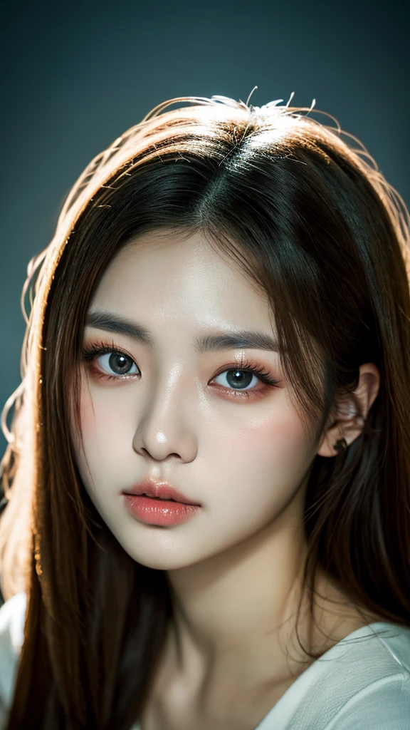portrait of beautiful Korean girl 23 years old, long hair, big eyes, full and beautifully shaped lips, oval face, glowing eyes, cinematic lighting, 4K, best quality, textured skin, super detail, masterpiece