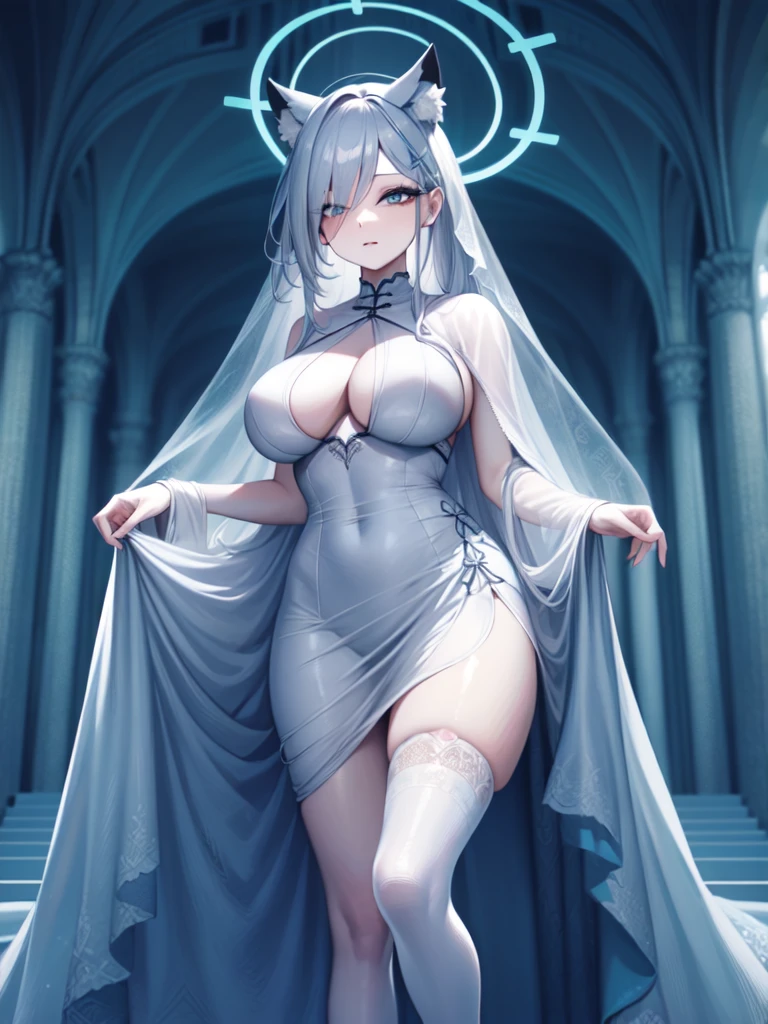 A girl,Long hair, Bangs, White hair, Hair between the eyes, s eyes:(1.5), (Large Breasts:1.2),
rest 锁骨, Wedding dress,veil,wedding,White Dress,Flowers,The skirt is broken,White socks,Tights,White knee socks,
Looking at the audience, whole body,
indoors, church,permanent,permanent,
rest (masterpiece:1.2), best quality, high resolution, Unity 8K wallpaper, (illustration:0.8), (美丽细致s eyes:1.6), Extremely detailed face, Perfect lighting, Extremely detailed CG, (Perfect hands, Perfect anatomical structure),