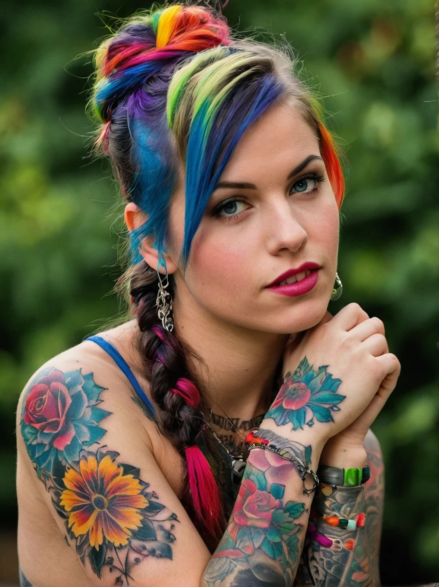 (Fille européenne rebelle),Tatouages aux couleurs vives sur les bras et doigt levé lisible:1.3),gestes provocateurs,cheveux longs et flottants,L'expression arrogante est audacieuse et lumineuse doit être entourée de détails complexes,Fleurs et mandalas détaillés,anatomiquement correct, peau texturée, Devant un fond de style graffiti,Ajoutez de la fantaisie à la scène, Pour rehausser la netteté et la modernité de la scène,lignes nettes,Numéros en gras
