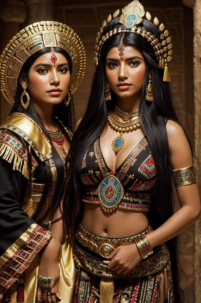 Beautiful woman in pre-Hispanic times, dressed as an Aztec princess with beautiful ornaments, His long black hair and gold eyes and at his side is the god Tezcatlipoca.