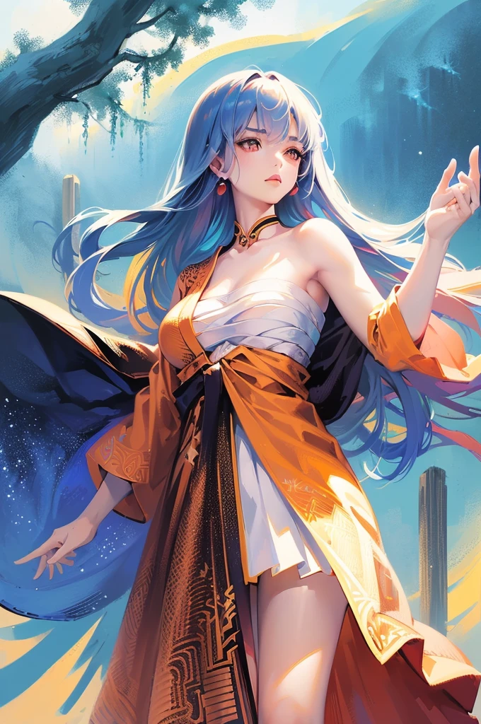 (masterpiece, Highest quality, Dutch Angle、Semi-Realistic、Fantasy)(One girl, alone)(White and beautiful hair,Red eyes,Straight Long Hair)(sarashi,kimono,One Shoulder、Haori、One shoulder exposed)(Serious expression、Floating Hair)(Cherry tree、dead tree、Mystical Night、Particles of light float around the woman、Space for fantasy)