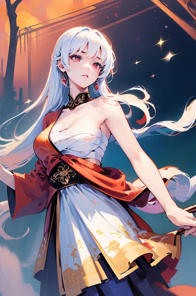 (masterpiece, Highest quality, Dutch Angle、Semi-Realistic、Fantasy)(One girl, alone)(White and beautiful hair,Red eyes,Straight Long Hair)(sarashi,kimono,One Shoulder、Haori、One shoulder exposed)(Serious expression、Floating Hair)(Cherry tree、dead tree、Mystical Night、Particles of light float around the woman、Space for fantasy)
