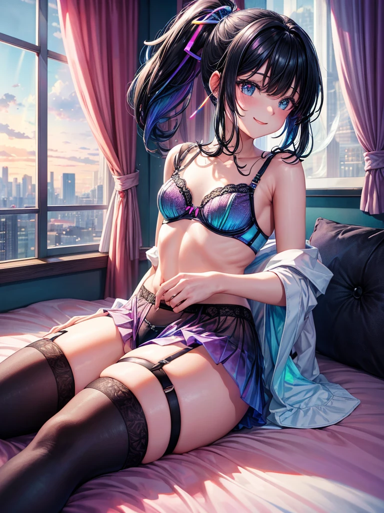 Highest quality,Highest Resolution,4K quality,Underwear looking at city night view outside large window in modern bedroom((Rainbow Gradient色))のsmileの1Profile of a woman,((Black hair ponytail)),Dark room,Rainbow Gradientセクシーランジェリー,Many water drops on the window,garter belt,High leg,((Iridescent underwear))Knee-high stockings,smile,Landscape,Colorful eyeballs,Small bra{((Underwear color))Rainbow Gradient,