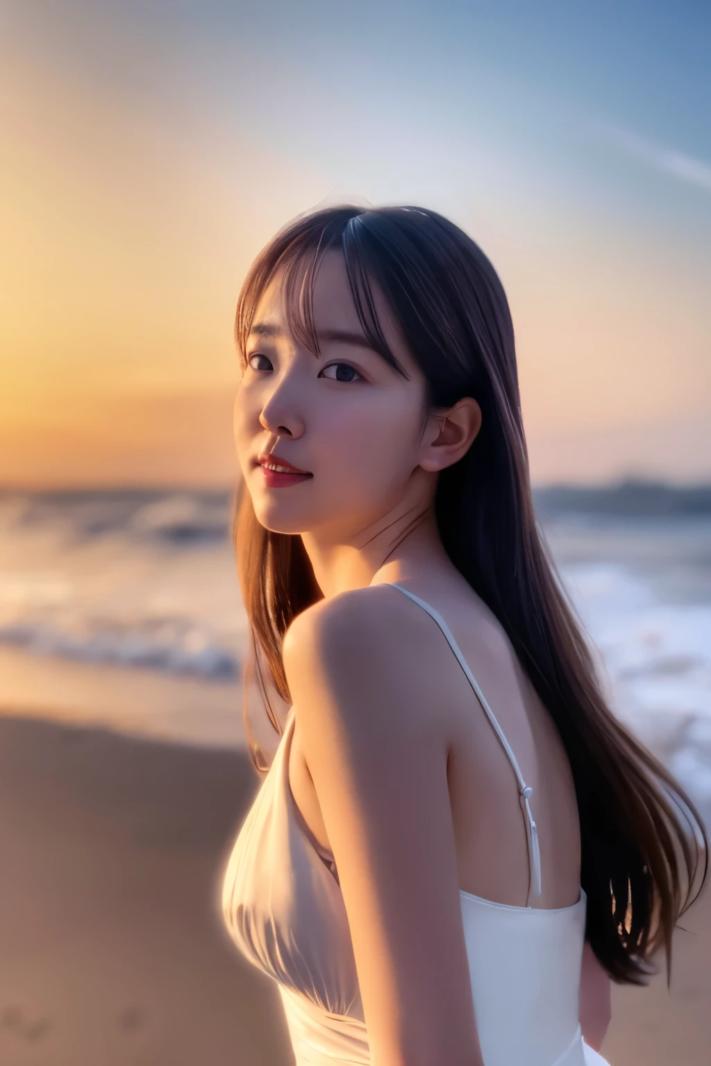 Create a high-quality, hyper-realistic portrait of a very beautiful Japanese idol. She is wearing a clean white summer dress and is squatting on the beach during sunset at sea. The deep indigo of the night sky contrasts with the last vestiges of crimson near the horizon, with swaying waves in the background. The girl has semi-long hair and a slender body with small breasts. The photo should capture her with detailed eyes, a detailed face, and a beautiful, sophisticated nose. The image should have a realistic, delicate, and finely detailed quality, suitable for a fashion magazine cover. Use cinema lighting and soft light to enhance her features. Ensure the photo is of the highest quality, with a resolution of 8K, making it perfect for a 2K wallpaper.