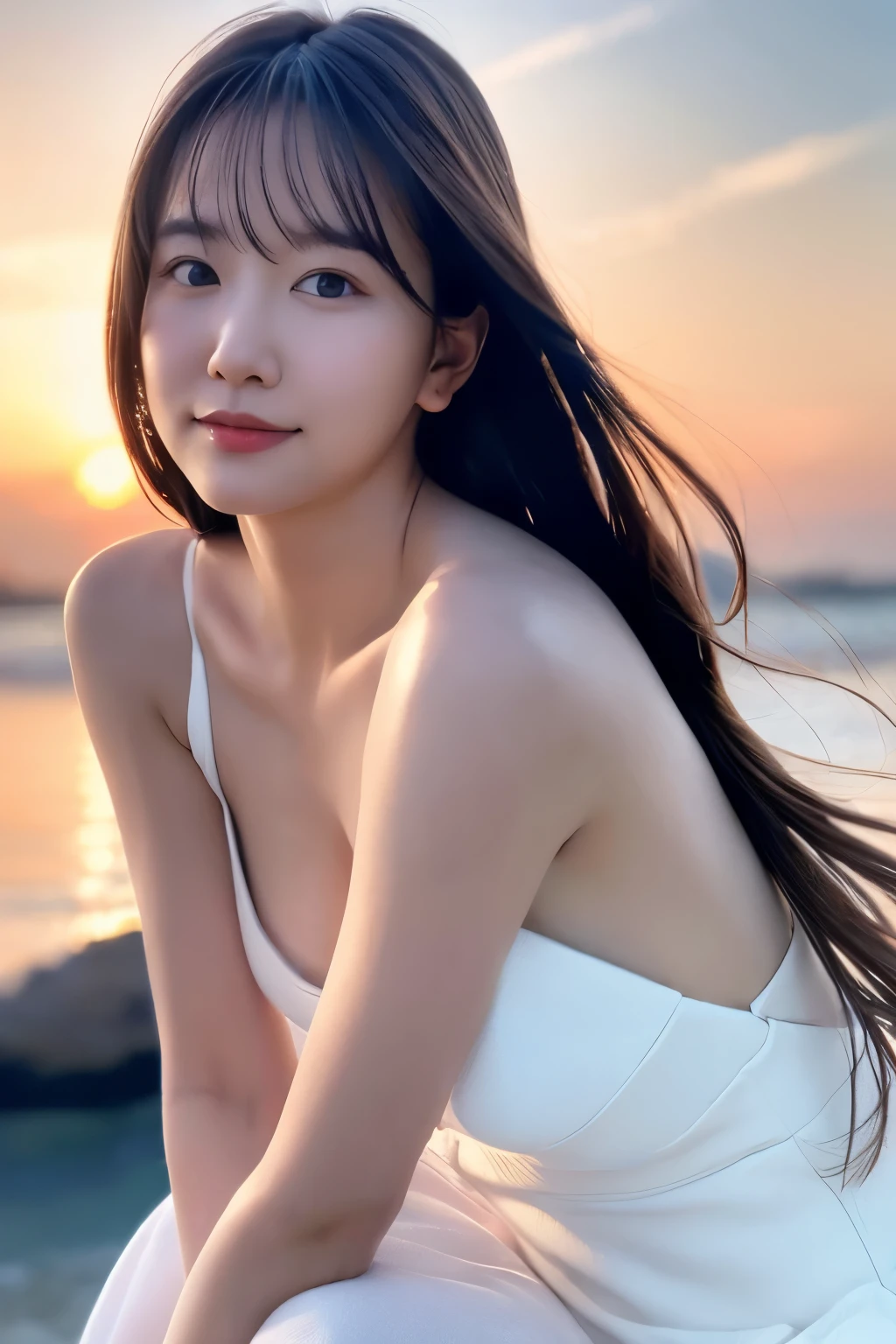 Create a high-quality, hyper-realistic portrait of a very beautiful Japanese idol. She is wearing a clean white summer dress and is squatting on the beach during sunset at sea. The deep indigo of the night sky contrasts with the last vestiges of crimson near the horizon, with swaying waves in the background. The girl has semi-long hair and a slender body with small breasts. The photo should capture her with detailed eyes, a detailed face, and a beautiful, sophisticated nose. The image should have a realistic, delicate, and finely detailed quality, suitable for a fashion magazine cover. Use cinema lighting and soft light to enhance her features. Ensure the photo is of the highest quality, with a resolution of 8K, making it perfect for a 2K wallpaper.