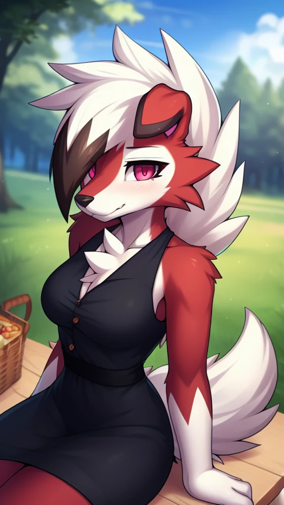 By zinfyu,by twistedscarlet60, uploaded on pixiv, by fluff-kevlar, (masterpiece), (best quality), (solo female:1.2), (extremely detailed:1.3),(detailed eye,black circle on eye,pink eye), lycanroc midnight, view on viewer, close view, shy face, half body on potrait, only body and head, close view, wearing black dress,at park ,food,sitting, picnic park table, picnic, (tail:1.1), closeup photo of lycanroc, adult body posture,