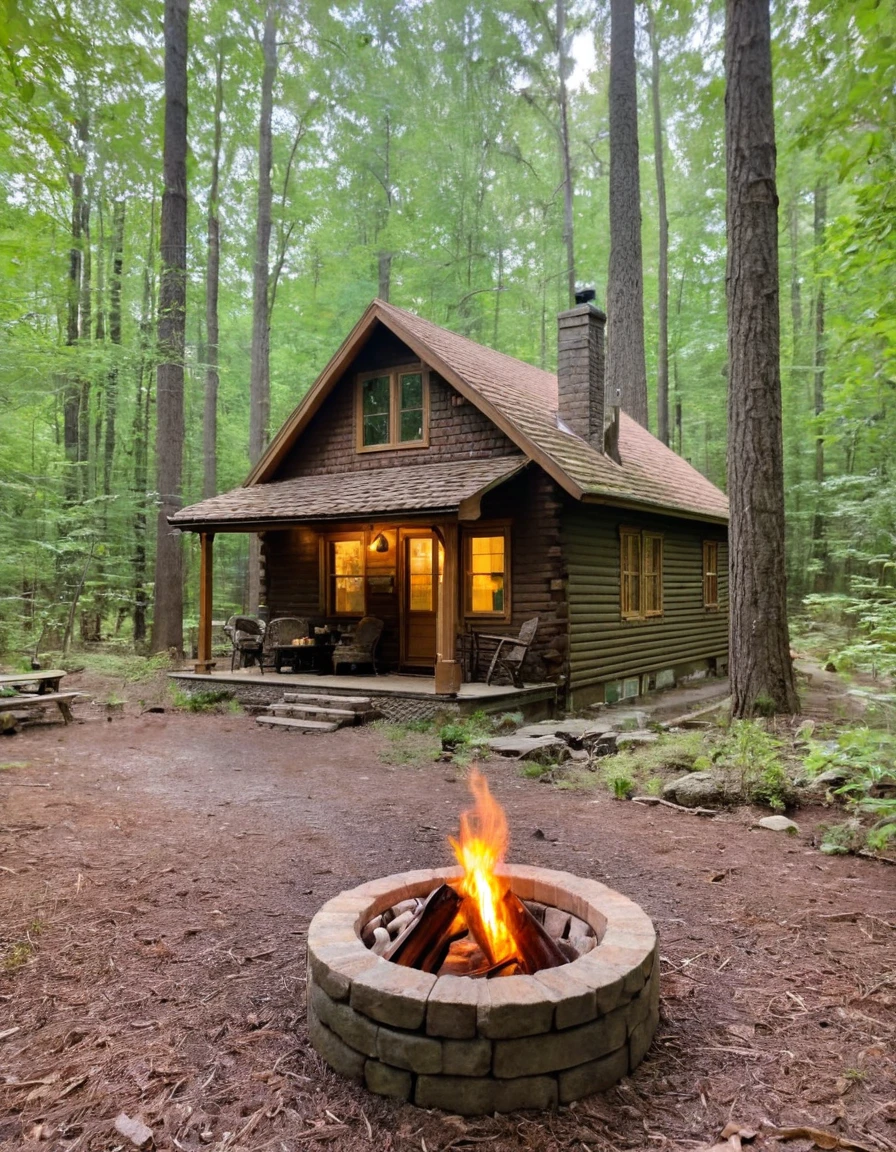 a small cabin with a fire pit in the woods, cottagecore, cottagecore hippie, cottagecore!!, cottage in the woods, cozy place, cottage in the forest, cabin in the woods, house in forest, nestled in a forest, cozy setting, cottage hippie naturalist, a brick cabin in the woods, cozy environment