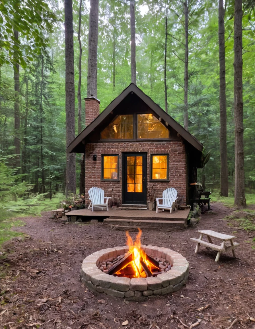 a small cabin with a fire pit in the woods, cottagecore, cottagecore hippie, cottagecore!!, cottage in the woods, cozy place, cottage in the forest, cabin in the woods, house in forest, nestled in a forest, cozy setting, cottage hippie naturalist, a brick cabin in the woods, cozy environment