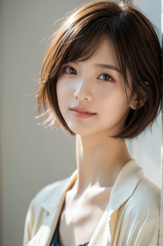 realistic light,natural light,white background,최고 quality、8 thousand、32,000、masterpiece、uhd:1.2) quality, primitive photorealism, laugh, Beautiful girl, cute, Short hair, depth of field, high resolution, ultra detail, Highly detailed eyes and face,small eyes,Short hair,short cut,short hair,Ivory Jacket
