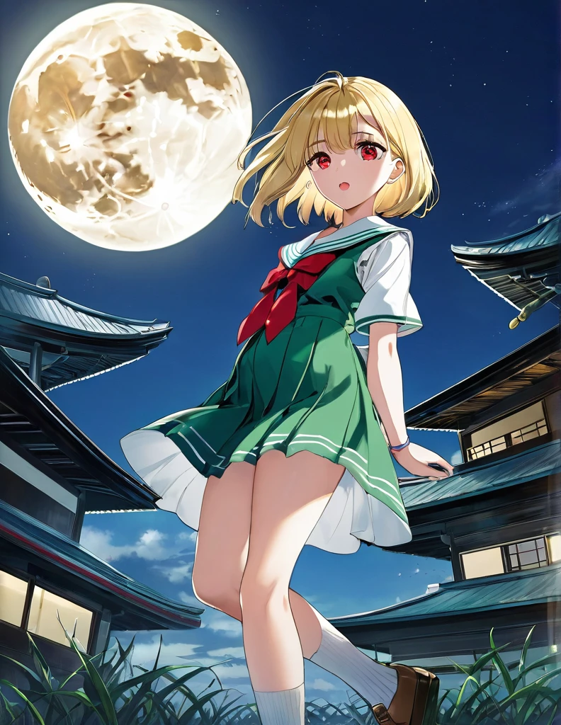 Highest quality, masterpiece, Ultra-high resolution, One girl,

blondes、Smooth Hair、Two-tone hair、Bobcut、Red Eyes、Sparkling Eyes、Detailed eyes、Slanted Eyes、Tanned, wheat-colored skin、Brown Skin、Traditional deep green sailor suit、White socks、loafers、whole body、Low - Angle、Fanning angles、Fantastic scene、Standing with your legs apart、Arms crossed、Confident expression、The full moon appears to be the same size as the large white body、A ruined world、White Moon、A fantastic atmosphere、
