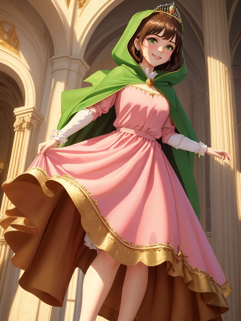 masterpiece, best quality:1.2), 1girl, smile, looking at viewer, green eyes, short brown hair, princess, princess dress, wearing puffy pink ballgown reaching the floor, green cloak cape, golden tiara with veil, standing in ballroom of medieval castle