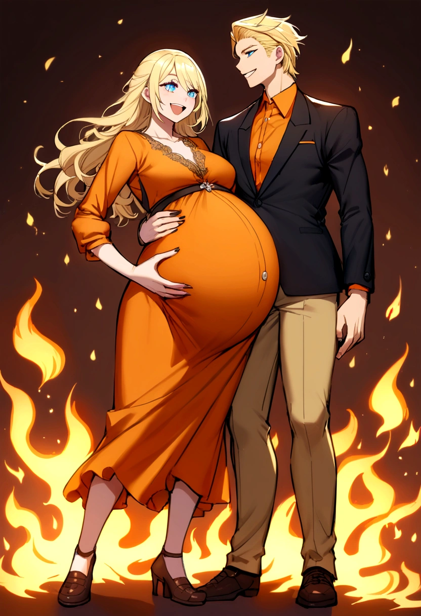 pregnant badass girl with long short blonde hair, blue eyes, orange shirt, black blazer, dark yellow pants, brown shoes, happy, with flames