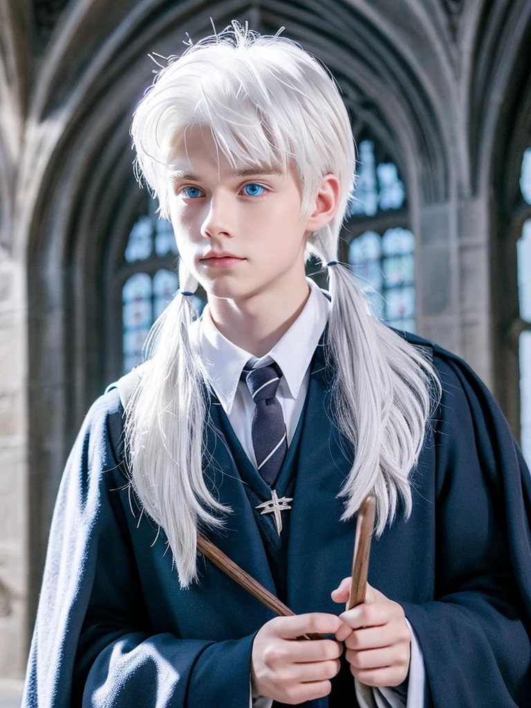 Boy, white hair,blue eyes,Hogwarts black uniform