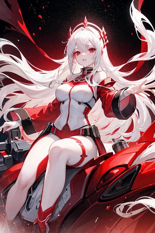 Tall 30 year old albino woman, with red eyes and long white hair, wearing a red and silver cowgirl outfit with disco lights in the background Riding a mechanical bull, raising one hand anime style