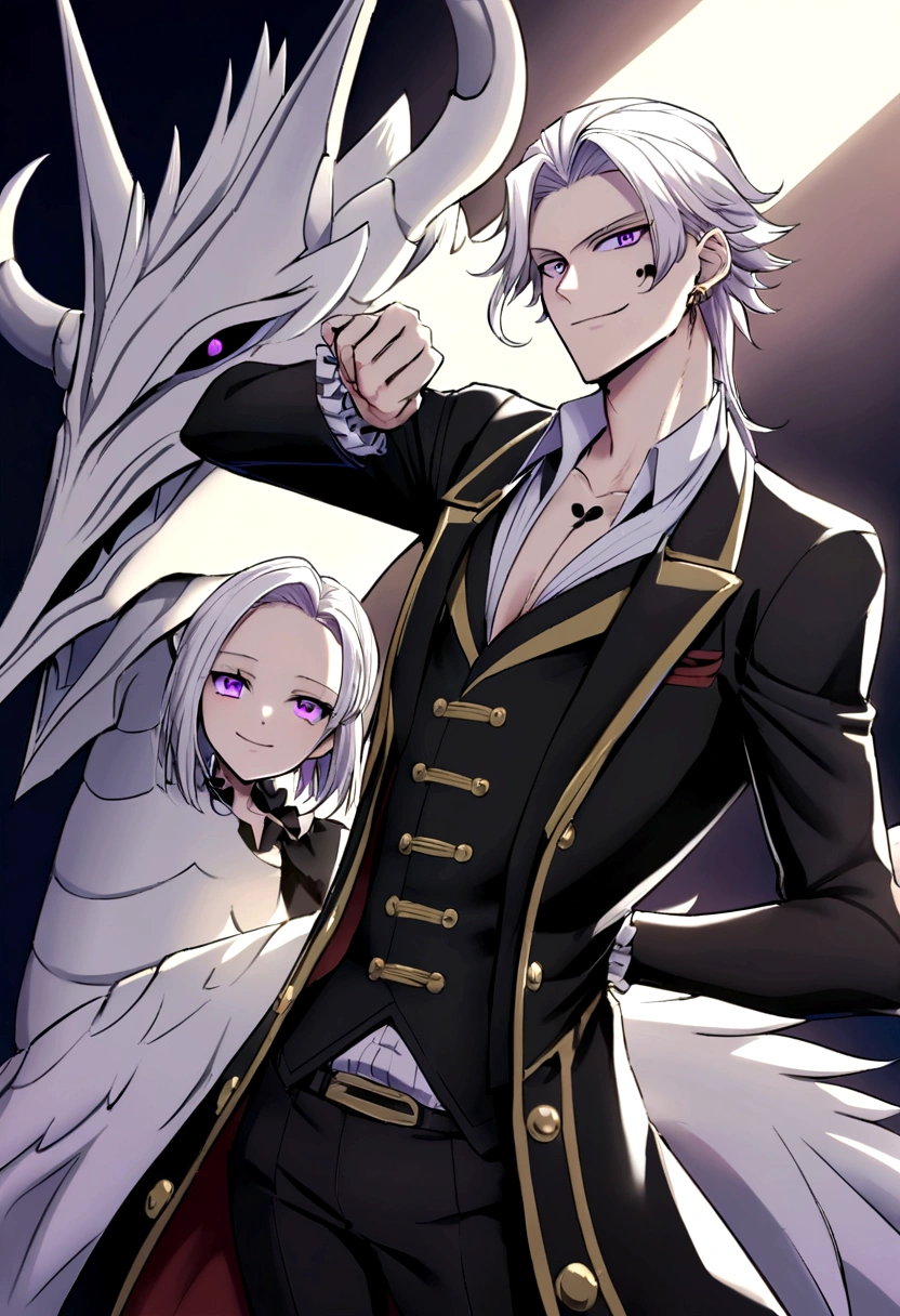 *one-piece anime style, male, white hair, purple eyes, short calm hair, handsome, pirate captain, on neck-black-tattoo-rose-and-dragon form, suit, freedom lmage, darkness power, calm round hair stlye, beautiful, gentle, pure, mischievous bright smile*