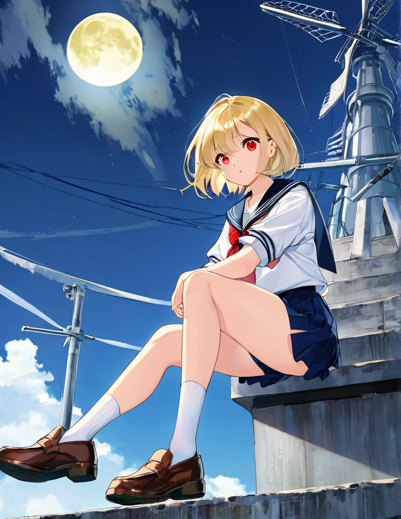 Highest quality, masterpiece, Ultra-high resolution, One girl,
blondes、Smooth Hair、Two-tone hair、Bobcut、Red Eyes、Sparkling Eyes、Detailed eyes、Slanted Eyes、Tanned, wheat-colored skin、Brown Skin、Traditional deep green sailor suit、White socks、loafers、whole body、Low - Angle、Fanning angles、Fantastic scene、Standing with your legs apart、Arms crossed、Confident expression、The full moon appears to be the same size as the large white body、A ruined world、White Moon、A fantastic atmosphere、