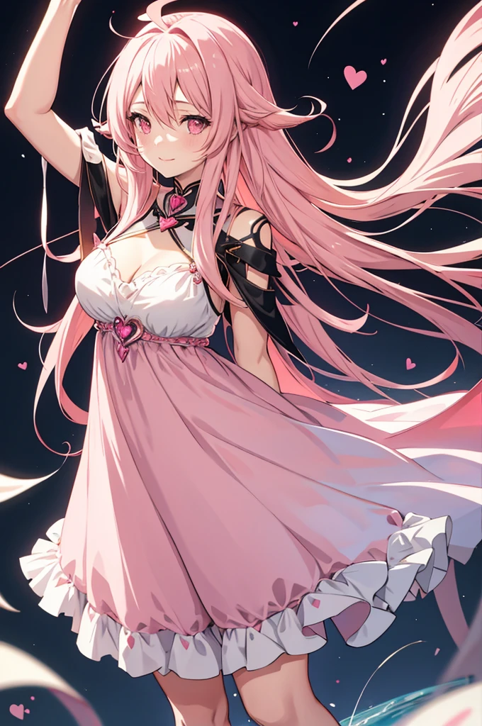 solo, 1girl, mature anime female, light pink hair, long hair, dark pink eyes, subtle blush, love goddess, sundress, innocent smile, heart-shaped halo behind head