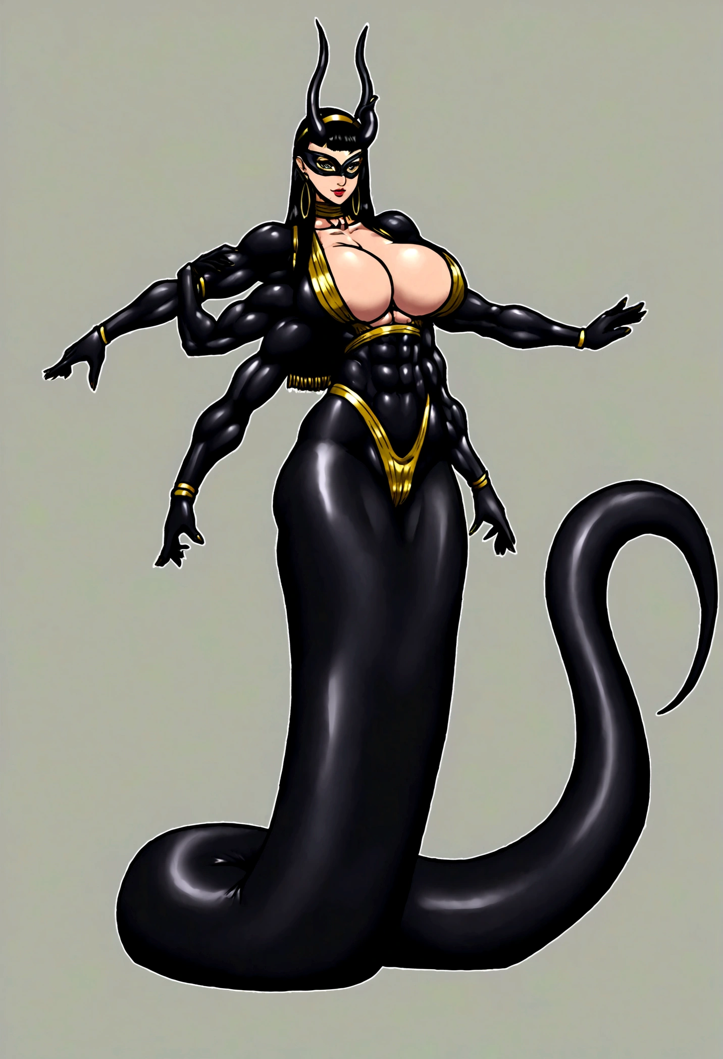 Lamia girl, long cleopatra hair, dragon horns, muscular body, gigantic penis, big breasts, black ninja mask, 4 arms, full body.