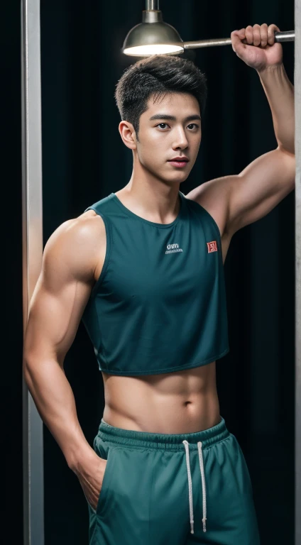 Firefighter in his 20s，with short black hair， Wear green training clothes、blue short pants, High-res, tmasterpiece, best qualtiy, Head:1.3,((Hasselblad photograp)), Fine fine skin, Clear focus, (Cinematic lighting), during night, Gentle lighting, dynamic angle, [:(Detailed face:1.2):0.2],(((Exercise))), sport, The arm muscles are very large, Hands in the crotch.