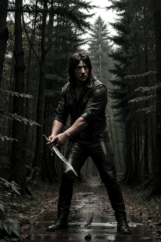 Jason Voorhees Fighting with John Rambo in a dark and rainy forest Jason Voorhees with a machete about to attack him and Rambo dodges it