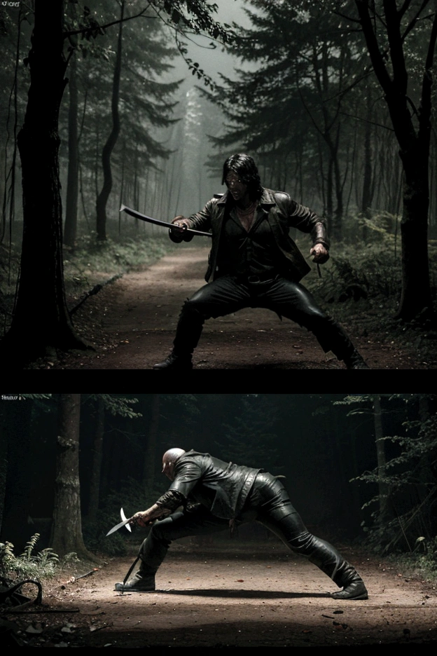 Jason Voorhees Fighting with John Rambo in a dark and rainy forest Jason Voorhees with a machete about to attack him and Rambo dodges it