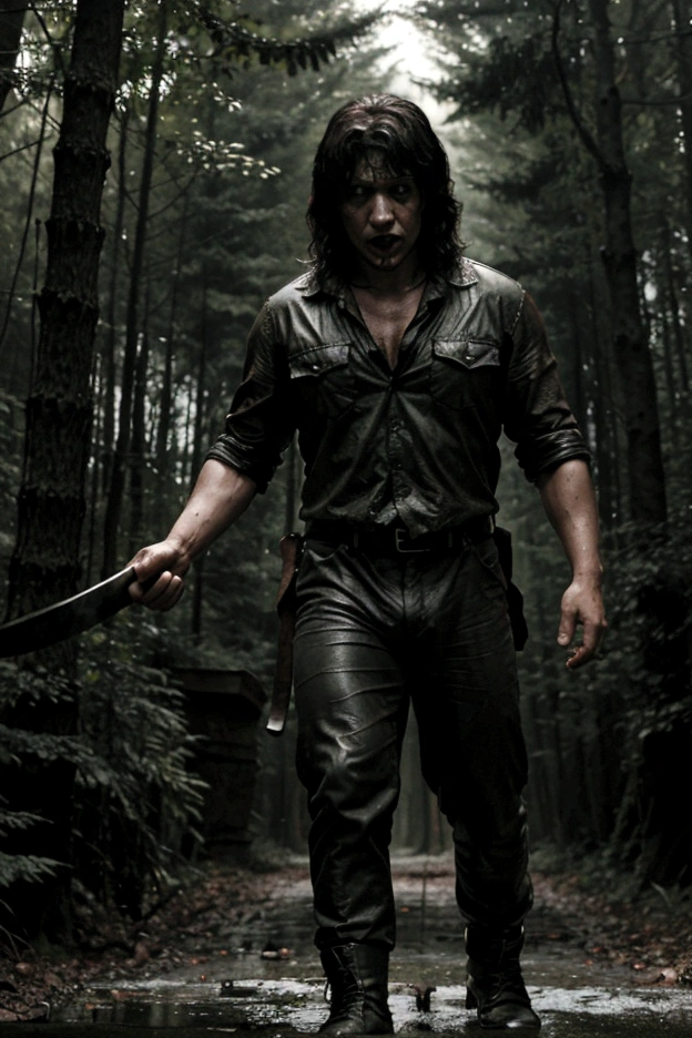 Jason Voorhees Fighting with John Rambo in a dark and rainy forest Jason Voorhees with a machete about to attack him and Rambo dodges it