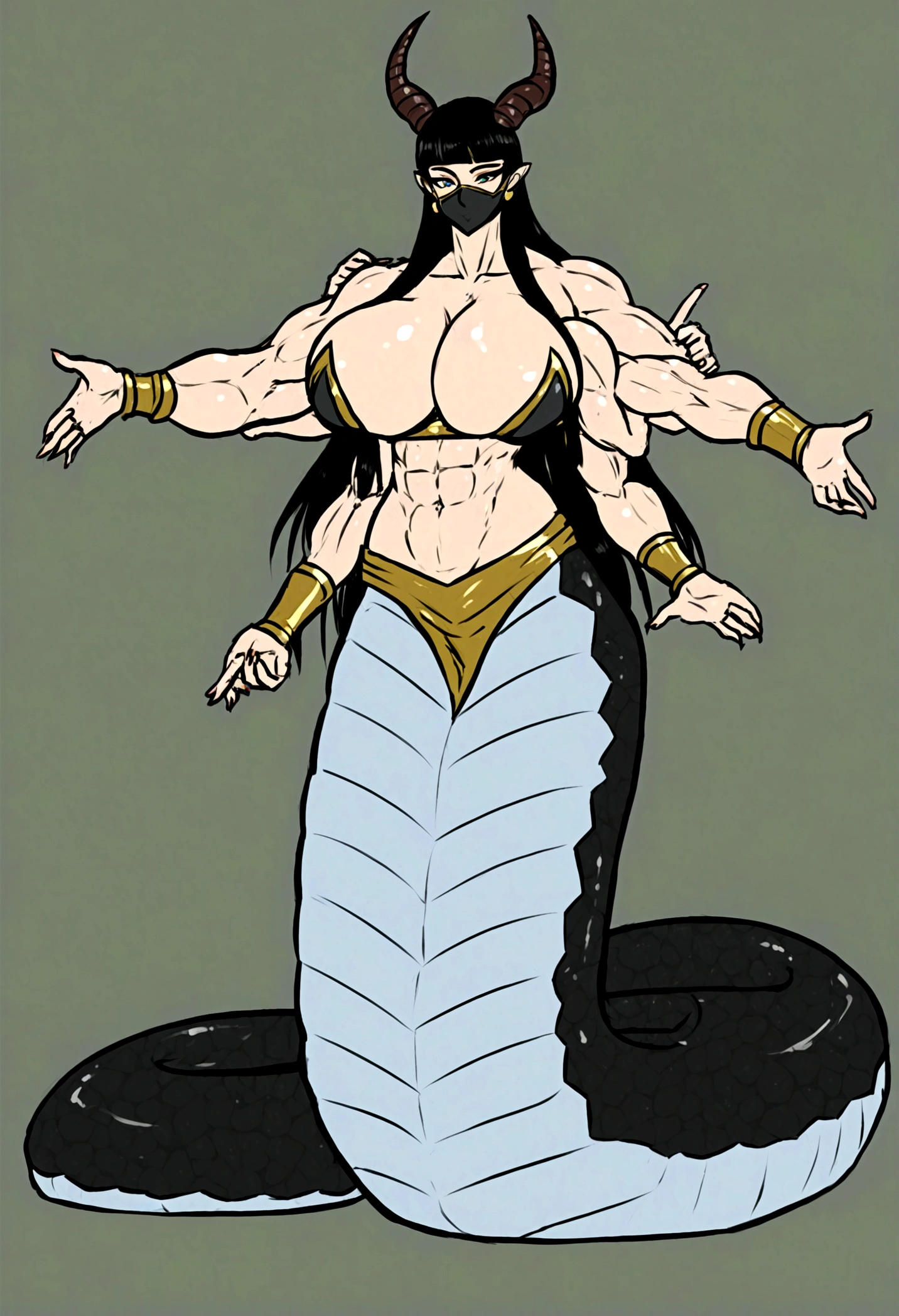 Lamia girl, long cleopatra hair, dragon horns, muscular body, gigantic penis, big breasts, black ninja mask, 4 arms, full body.