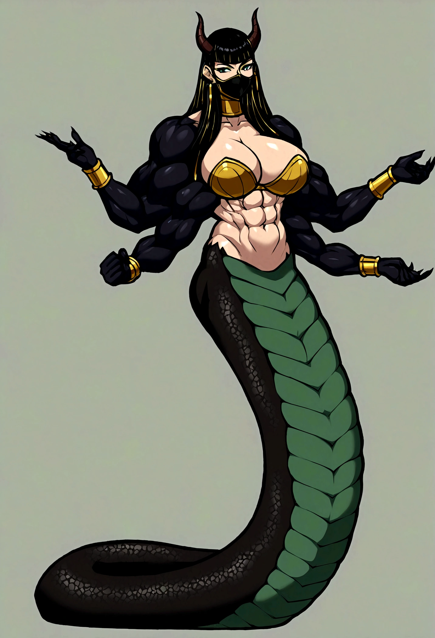 Lamia girl, long cleopatra hair, dragon horns, muscular body, gigantic penis, big breasts, black ninja mask, 4 arms, full body.