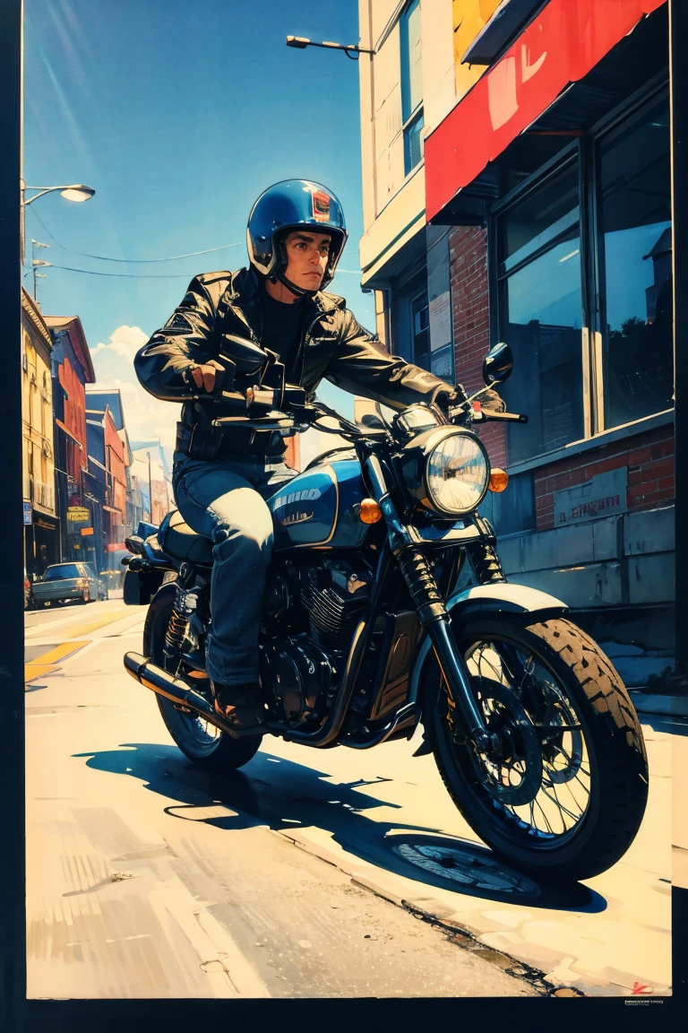 Masterpiece, Top Quality, Best Quality, Extreme Detail, Rich HD Detail, Sharp, Saul Wright Style, 1980s, Detailed Digitally Illustrated Vintage Poster, Inspired by Lubin Baugin, A Blue Motorcycle Stopped in Front of a Building, no human, High Contrast, Vivid Colors, Blurred, Warm Tones 