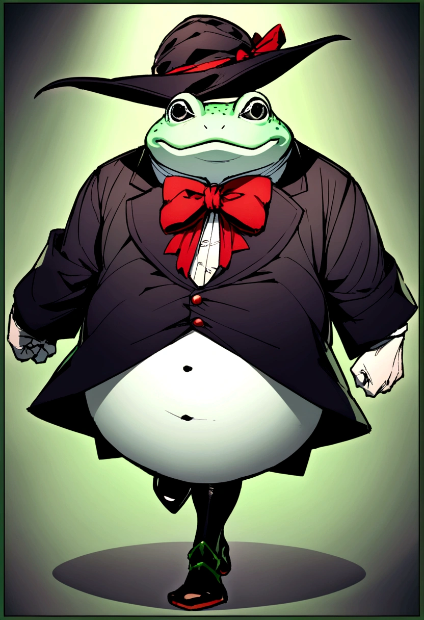 A slightly fat green-white frog, walking on two legs, with black eyes, wearing a black magician's hat with a green border, a red bow tie, and a sinister smile.