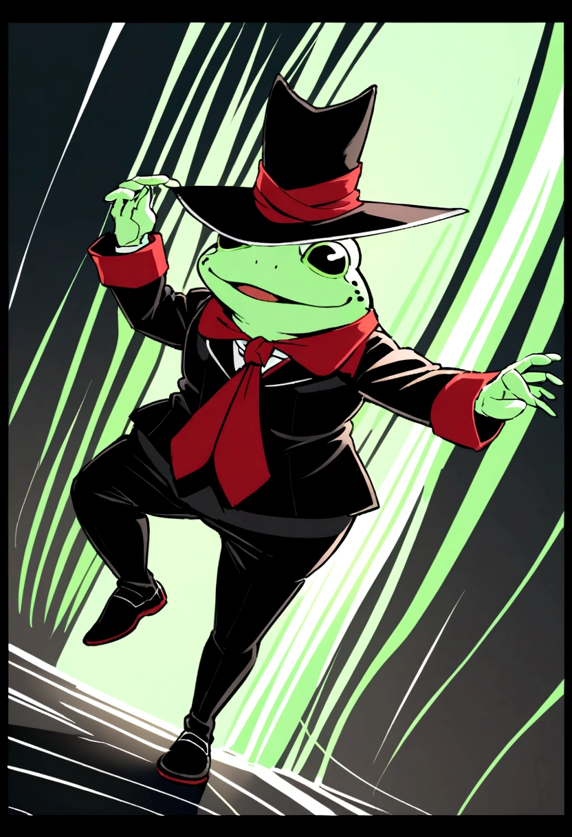 A slightly fat green-white frog, walking on two legs, with black eyes, wearing a black magician's hat with a green border, a red bow tie, and a sinister smile.