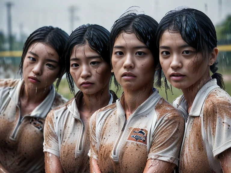 (A plain white short sleeved dirt stained field hockey uniform with a very tight white half zip:1.7)、(A large, dirt-stained, white, square collar: 1.6)、(Red clay ground:1.5)、My hair is wet and messy、(Beautiful Japanese woman covered in dirt:2.2)、Highest quality, masterpiece, Ultra-high resolution, Photorealistic, Raw Photos,Detailed face,(All women with muscular arms:2.0), (Fastener open: 1.8), (Upper body zoom up:1.0),(Everyone wears the same clothes:1.0), All members are super beauties, (Three beautiful Japanese women standing in a row facing the camera: 1.5), (Hair tied up: 1.4), (Exhausted expression: 2.0), Bright photo, (Soaked from head to torrential rain: 1.8)