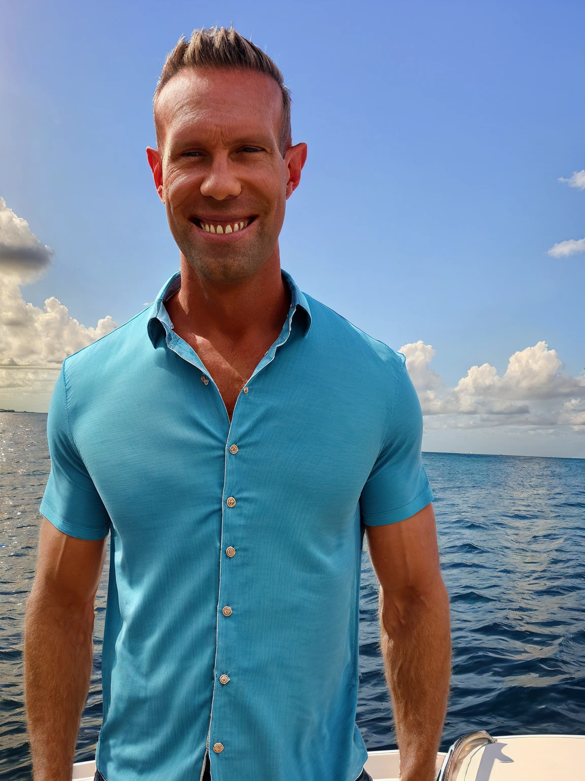a handsome man, Todder8, Todder1 short hair, perfect facial features, RAW, UHD, 8K, looking at camera, on a yacht at sea, vacation photography, island paradise, colorful unbuttoned Hawaiian shirt showing his stunning muscular chest, photorealistic, dynamic lighting, perfect day, [smiling]