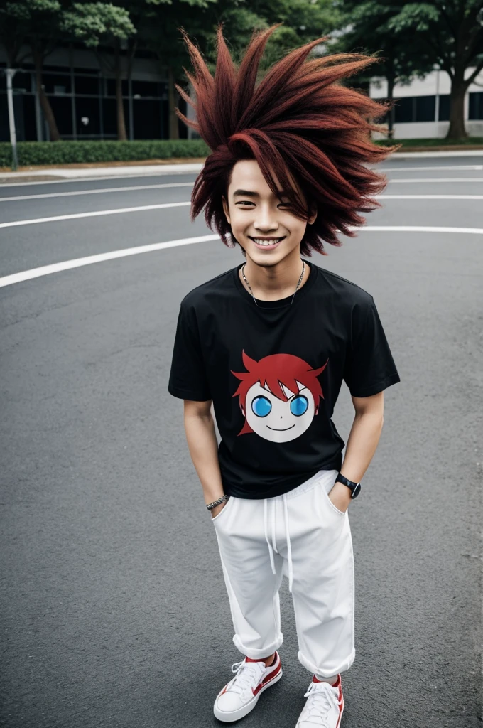 anime character, hair like red, happy face, black t-shirt with blue middle, black pantaloon, White shoes