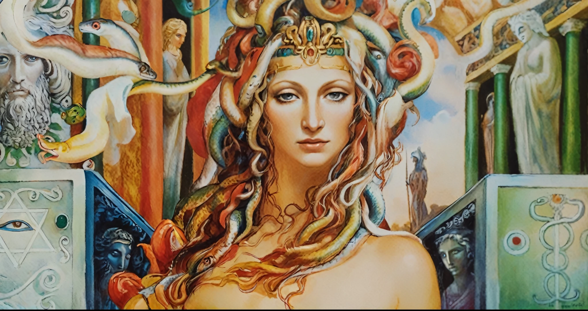 painting of a woman with a snake head and a snake in her hair, goddess portrait крупным планом, portrait of an octopus goddess, Portrait of Medusa, Beautiful female gorgon, portrait of a beautiful goddess, goddess portrait, goddess portrait, a stunning goddess portrait, Portraiture of Medusa, The goddess of Greek mythology, Portrait of the Celtic goddess Diana, octopus goddess