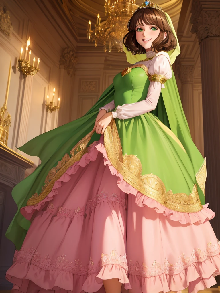 masterpiece, best quality:1.2), 1girl, smile, looking at viewer, green eyes, short brown hair, princess, princess dress, wearing y pink ballgown reaching the floor, green cloak cape, golden tiara with veil, standing in ballroom of medieval castle
