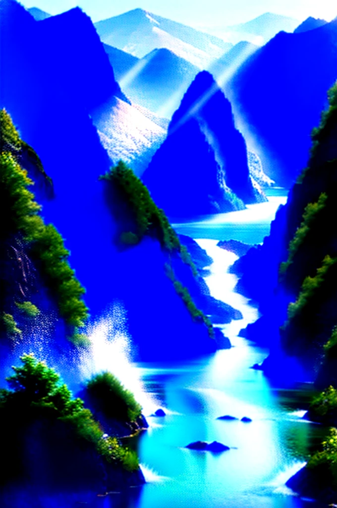 A serene mountain landscape with a river running through it - - ar16:9