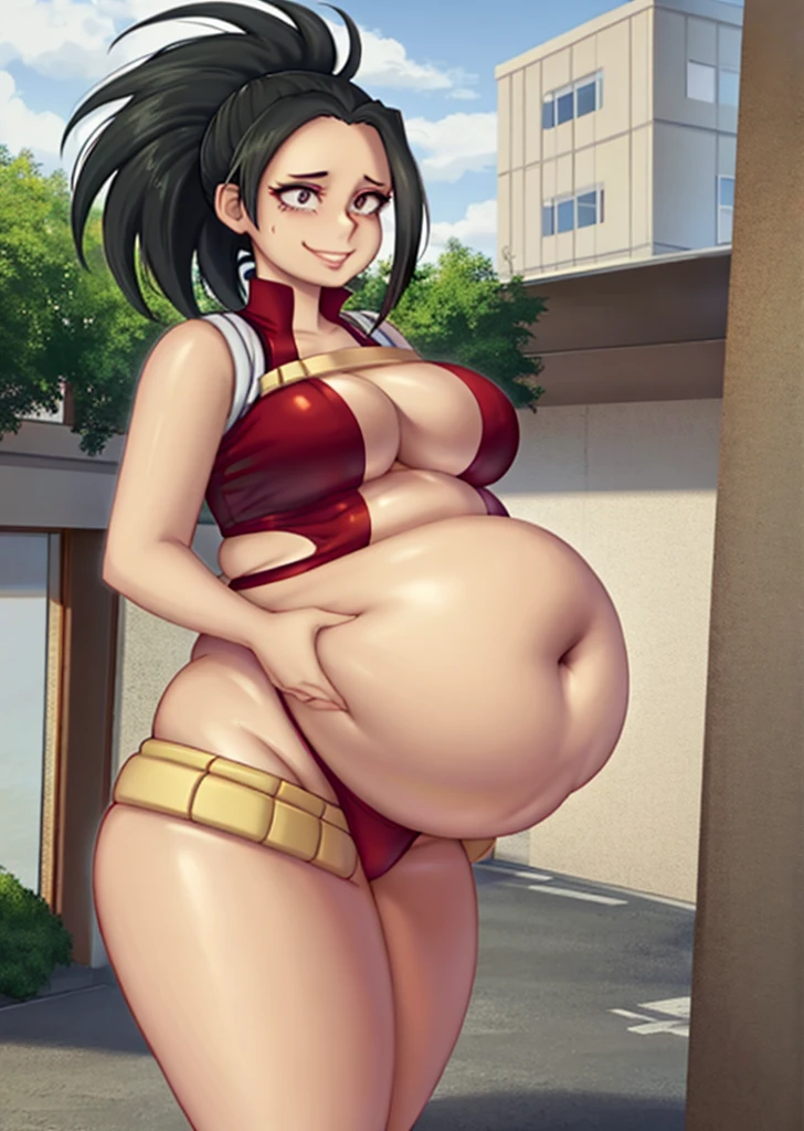 art by kipteitei, Momo Yaoyorozu, black hair, ponytail, red leotard, chubby body, pot belly, intimate, looking to the right, smiling face, in nature, cartoon, hands behind body, no extra details, no extra fingers, 1girl, 25 year old