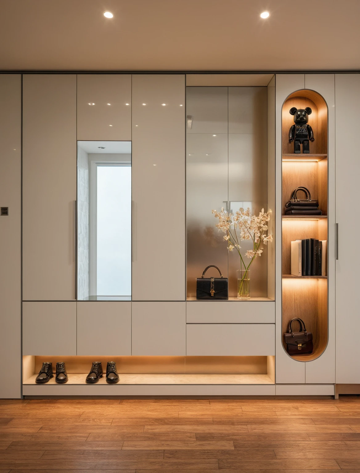 Raw photo,Masterpiece, high quality, best quality, authentic, super detail, interior, shoes Cabinet style modern luxury , sunset, daylight, shoe cabinets, decorative cabinets, flower vases, led lights, ceiling lights, decorations, books, wooden floor, Black glasses, handbags, shoes, bearbrick, mirror,