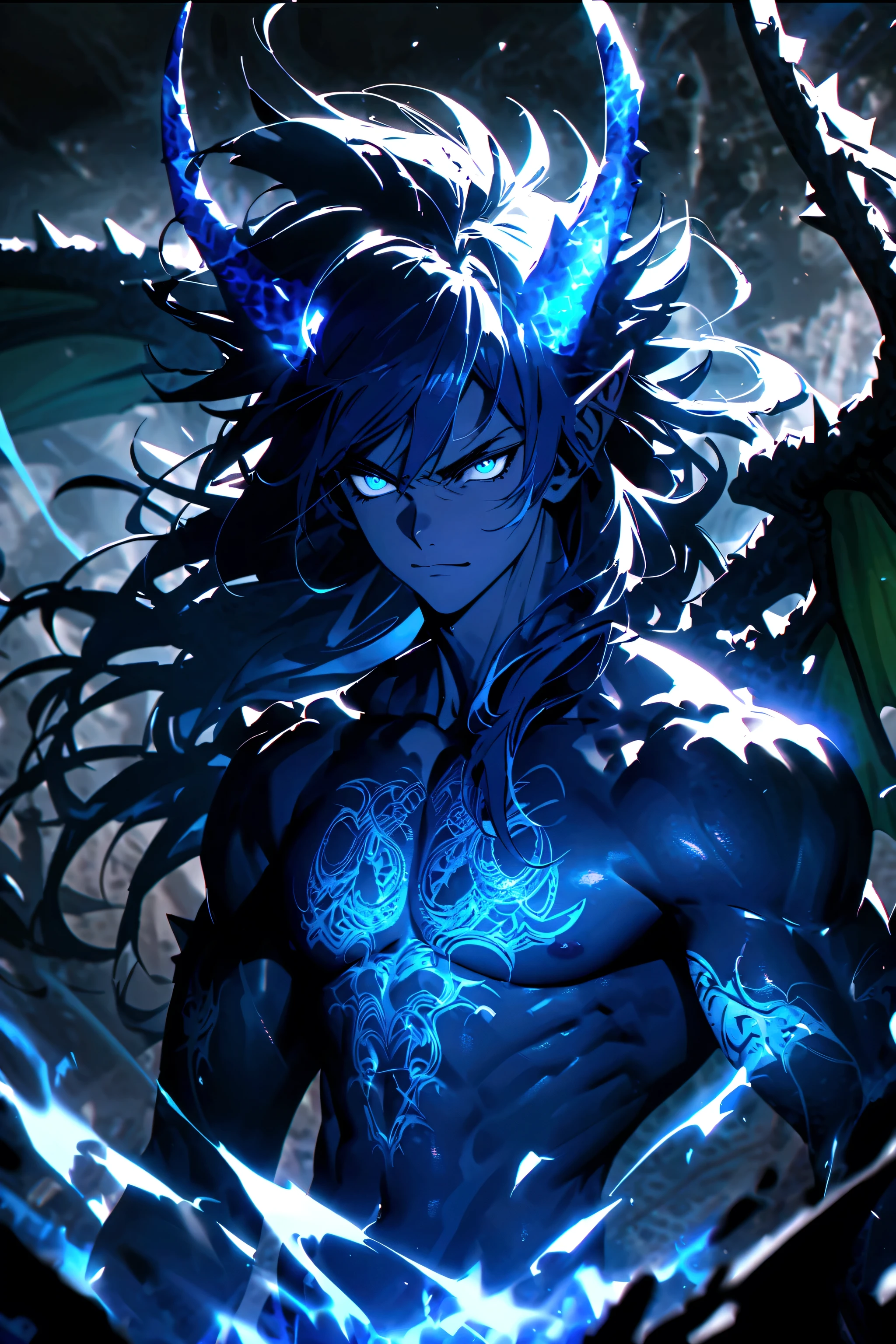  boy, spiky hair, long hair, bright blue hair, shining blue eyes, serious face, Simple smile, dark blue skin, muscular chest, pair of blue horns, Dragon Wings, tattoos on the body, electric aura