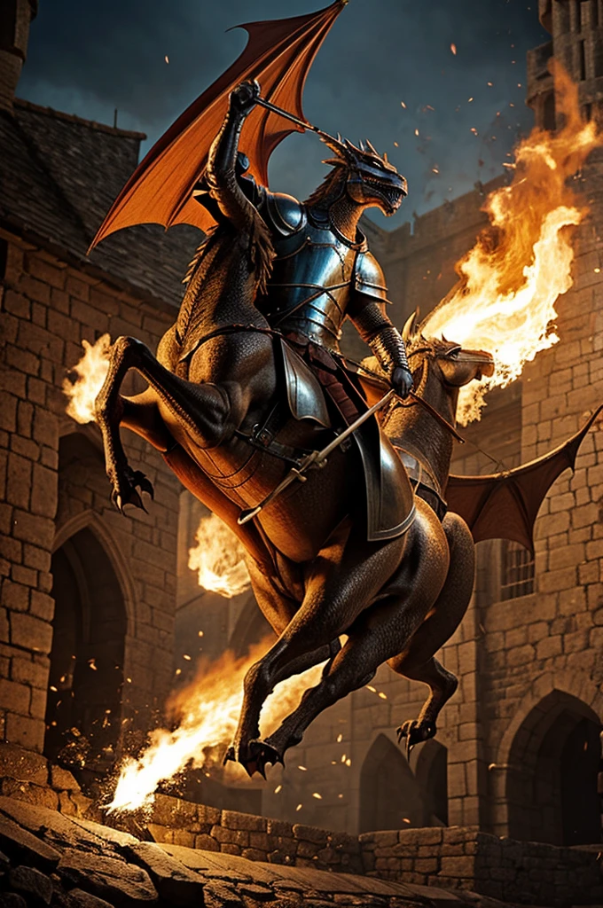 A realistic dragon in a medieval castle breathing fire at a medieval knight riding a horse