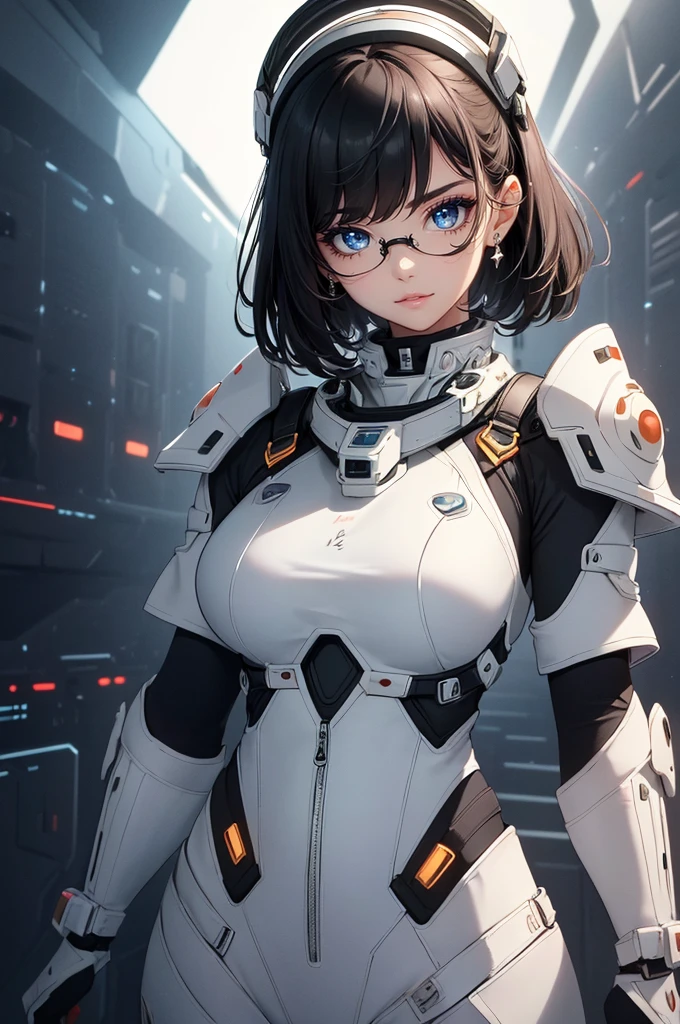 spacepunk, (detailed background:1.25), (Isometric: 1.0), double exposure, (masterpiece, best quality:1.3), (highres:1.5), absurdres, ultra detailed, (1girl:1.3), (dynamic pose:1.0), BREAK, ((upper body image:1.3)), ((1 extremely cute and beautiful tearful girl taking a spacewalk at Universe)), (upturned eyes:1.3), (ear breathing), solo focus, (wearing a mechanical space body armor:1.3), (black wavy bob hair:1.35, bangs;1.35),  (large-breasted:1.35), (fat:1.2), glasses, streaming tears, tearful, tears, sad, 7.5 life size, detailed clothes, detailed body, detailed arms, human hands, detailed hands, blush, open mouth, (look back:1.15), (thrust out one's hip:1.35), studio soft light, cinematic light, detailed background, realistic, ultra-realistic, masterpiece, many slits on the sides for intake and exhaust,